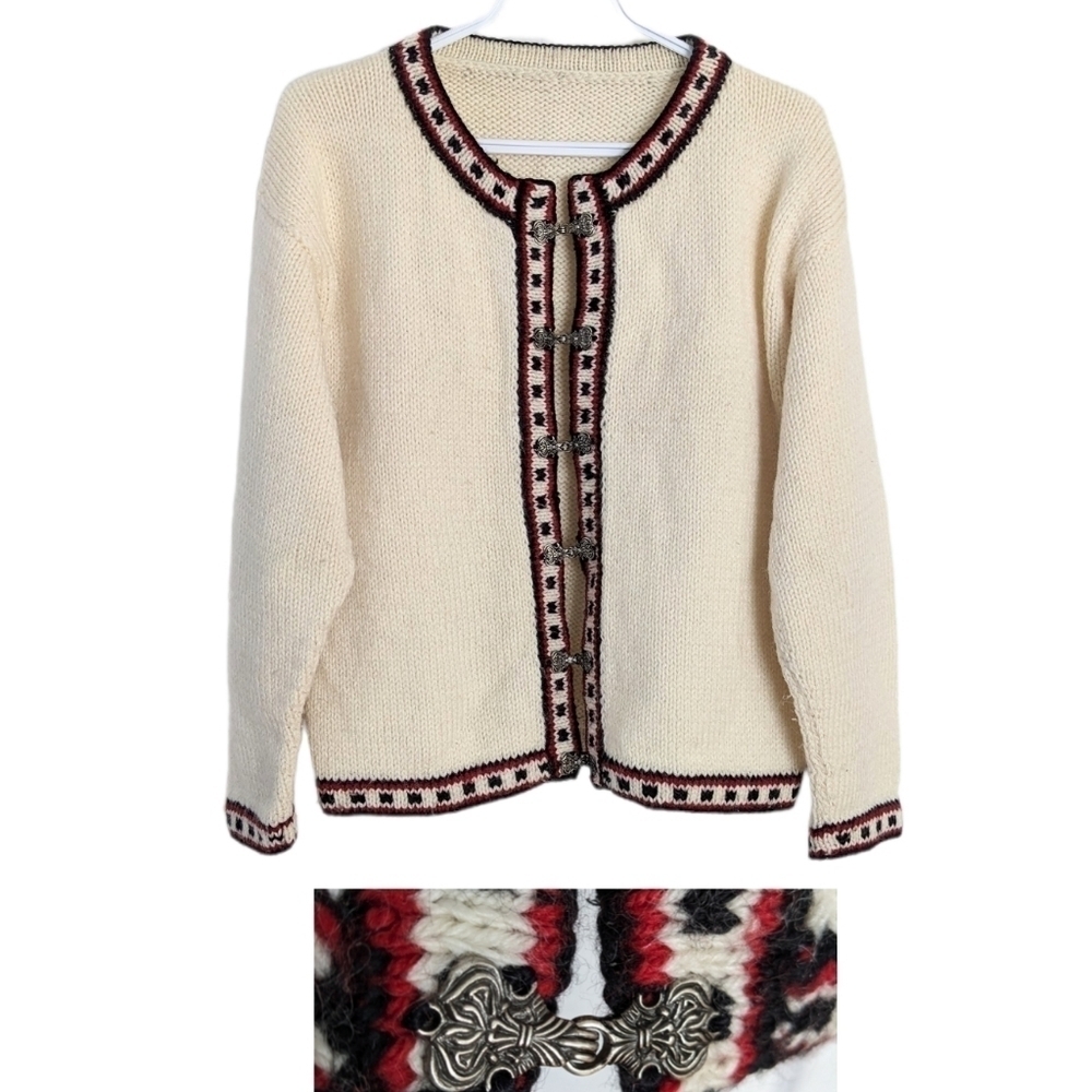 Vintage hand knit norway nordic scandinave style knit cardigan beige Medium C5